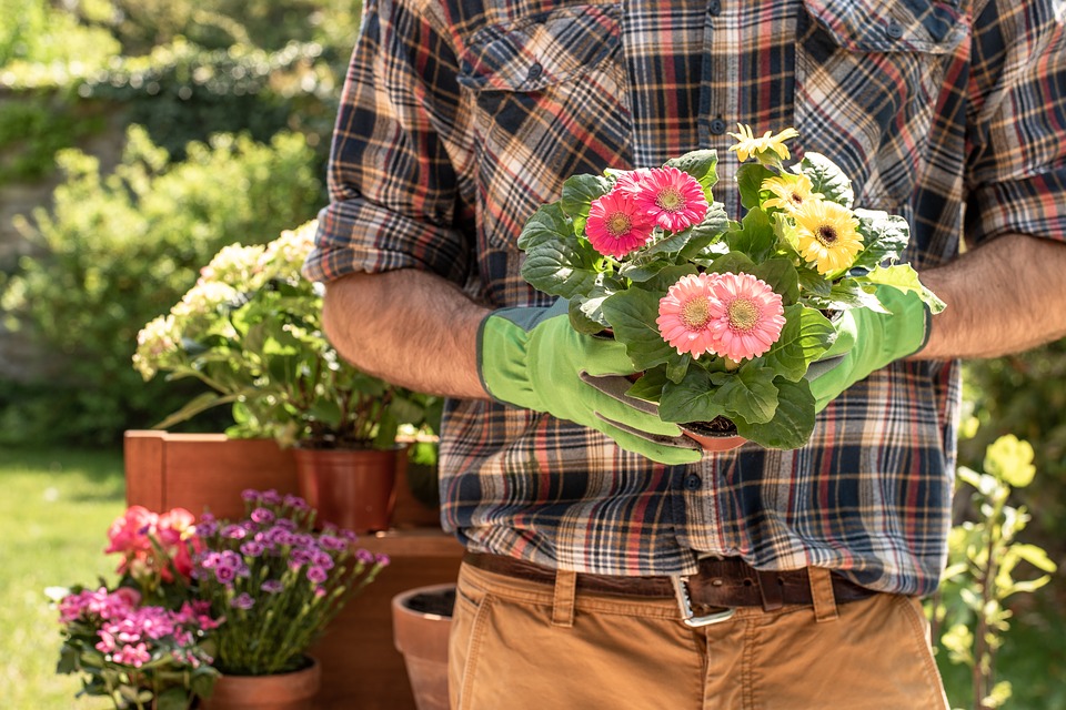 Havemand holder flotte blomster